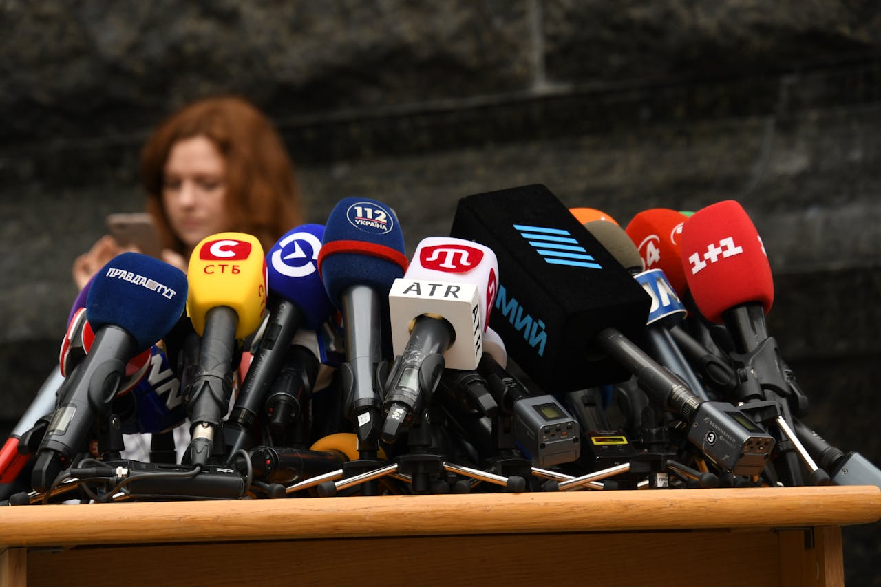 Various microphones setup at a press conference in Kyiv, Ukraine.